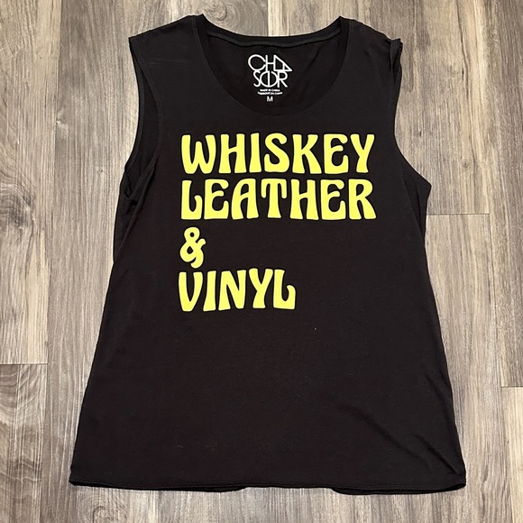 🥃 Whiskey Leather & Vinyl Graphic Tank Top - Retro Rock Vibes - Picture 1 of 2